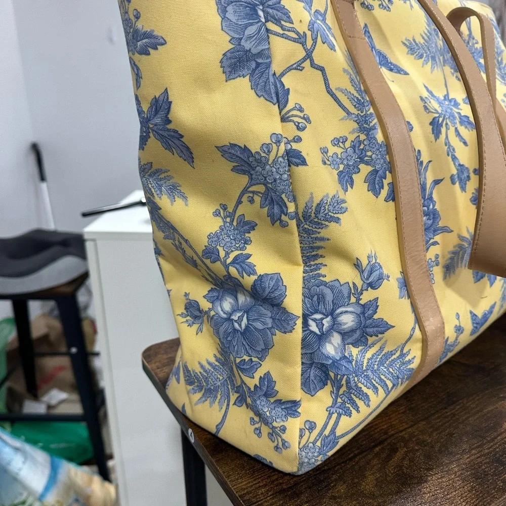 Talbots Yellow Floral Tote with Blue Print and Tan Straps